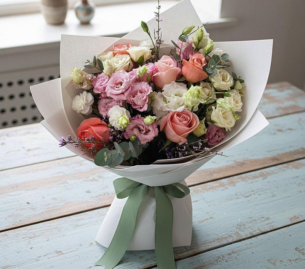 Букет цветов из: Розы, Лизиантусы и Гвоздики в Часовне