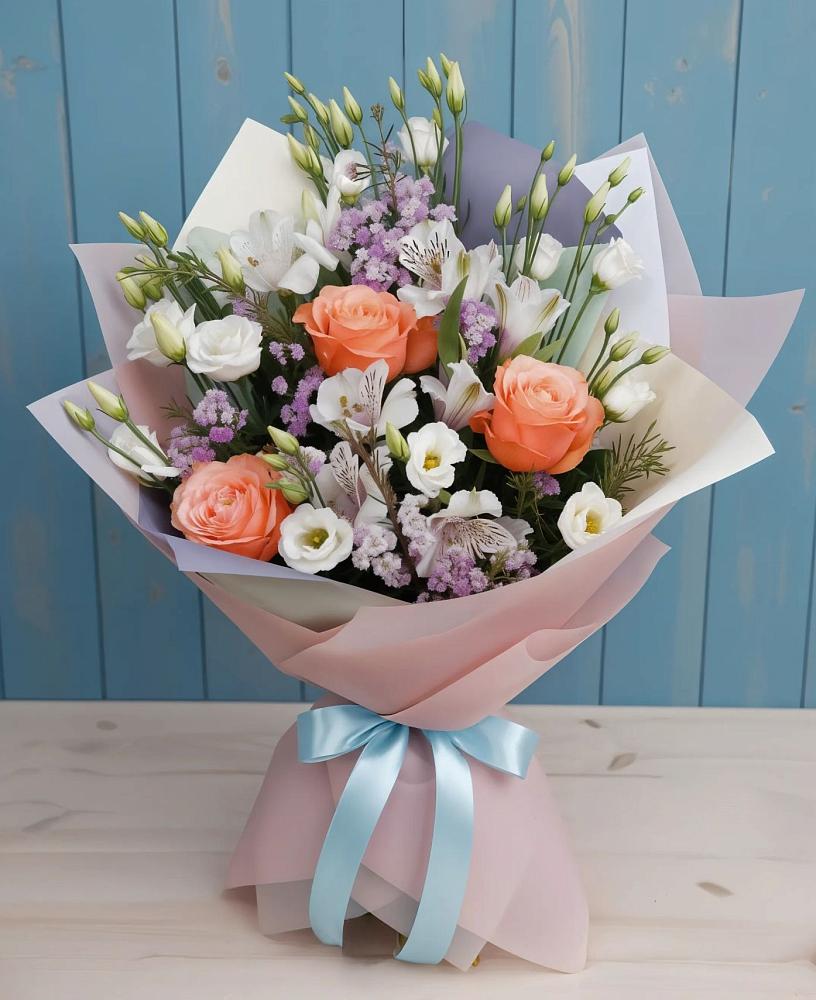 Букет цветов из: Лизиантусы, Розы, Альстромерии и Гипсофила в Часовне