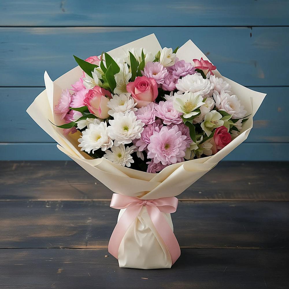 Букет цветов из: Хризантемы, Альстромерии и Розы в Часовне